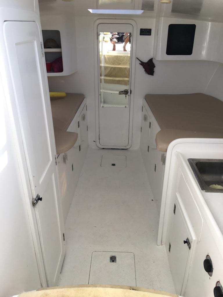 Below deck on Great Marlin: two berths with tan cushions to port and starboard, a galley sink to starboard, and a door through to the cockpit