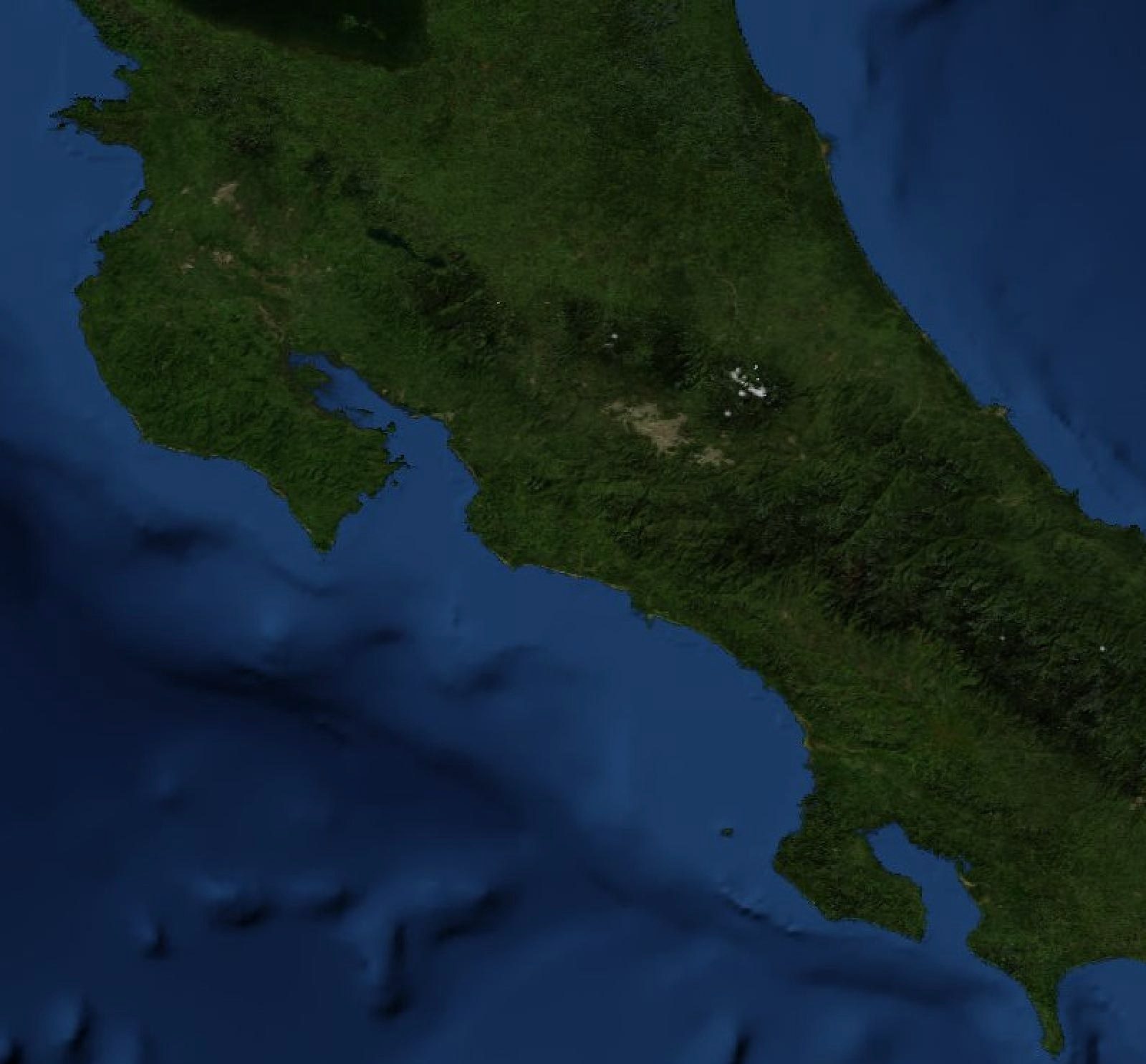 Satellite view of Costa Rica and its Pacific coast, the seafloor shading showing deep water close offshore