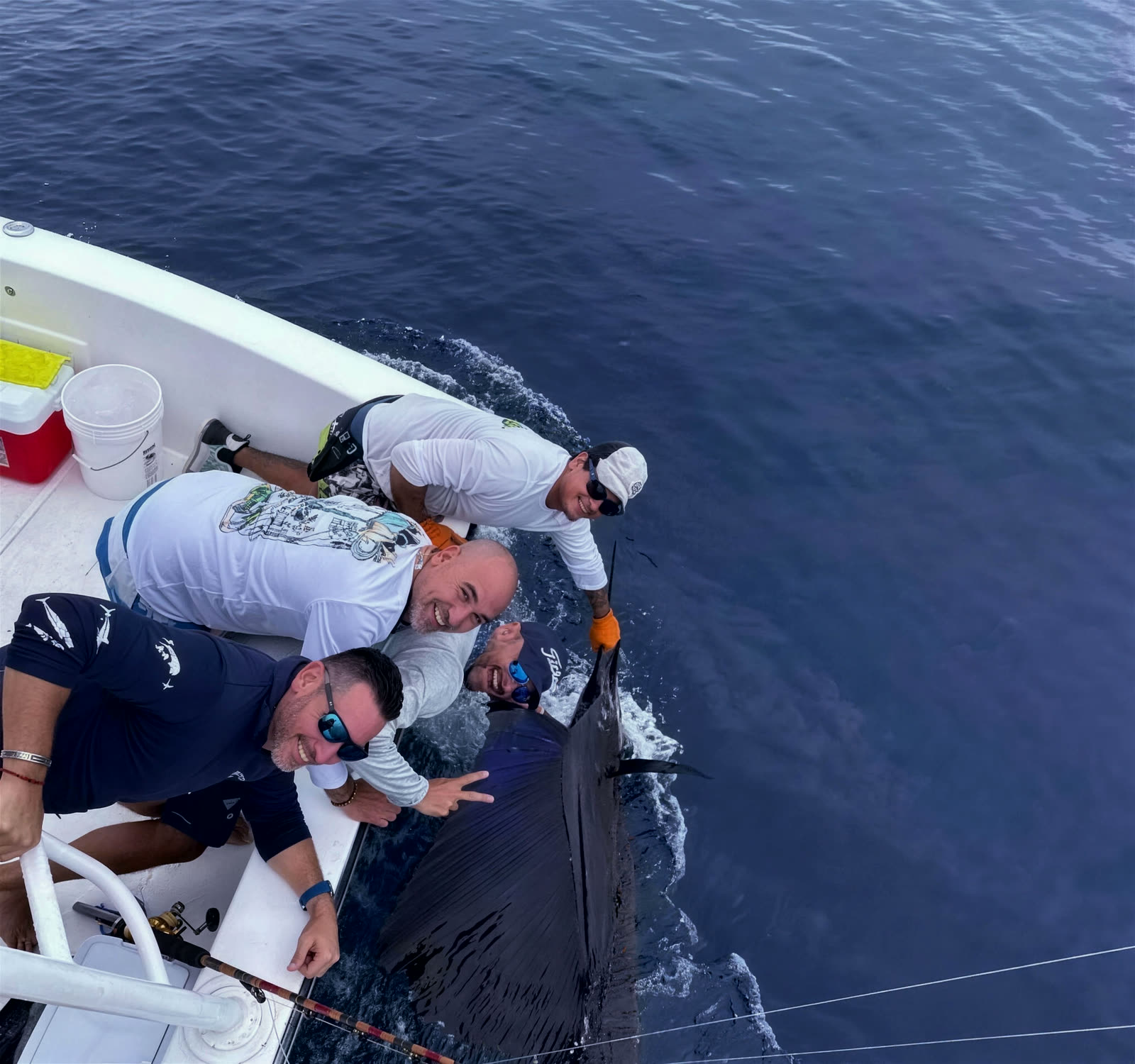 Crew and guests leaning over the gunwale with a sailfish alongside